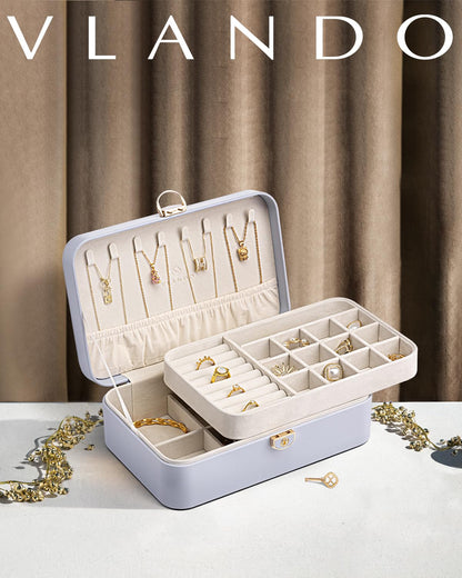 Vlando Jewelry Box Organizer for Girl,Faux Leather Lockable Jewelry Holder Organzier Case Boxes with 2 Layers,Earrings Necklace,Rings Storage,Wedding Warm Gifts Purple
