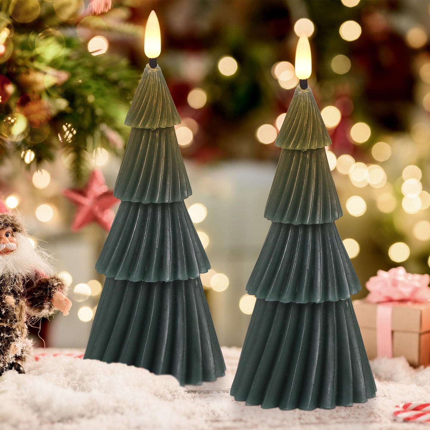 Eldnacele Stripe Christmas Tree Flameless Candle with 6 Hour Timer, Battery Operated(Included) 3D Wick Flickering Real Wax Green LED Candles Xmas Eve Dinner Holiday Decor (2Pcs,3"×7.1")