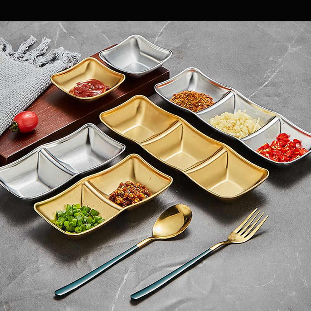 maiwalk Stainless Steel Side Dishes 4pcs Sauce Dish Bowls Condiments Cup Serving Bowl Set Sushi Dipping Saucers Soy Dipping Bowls for Home Kitchen Restaurant BBQ (Gold, 2 Compartment)
