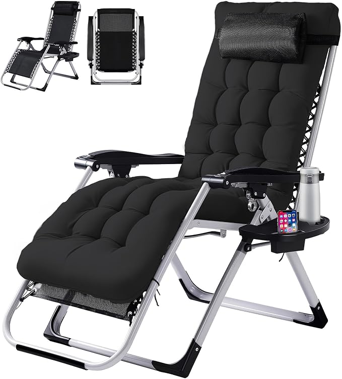 VINGLI Padded Zero Gravity Chair, Lounge Chair with Removable Cushion & Tray， Folding Reclining Patio Chairs， Recliner Chair for Lawn，Indoor Outdoor-Black