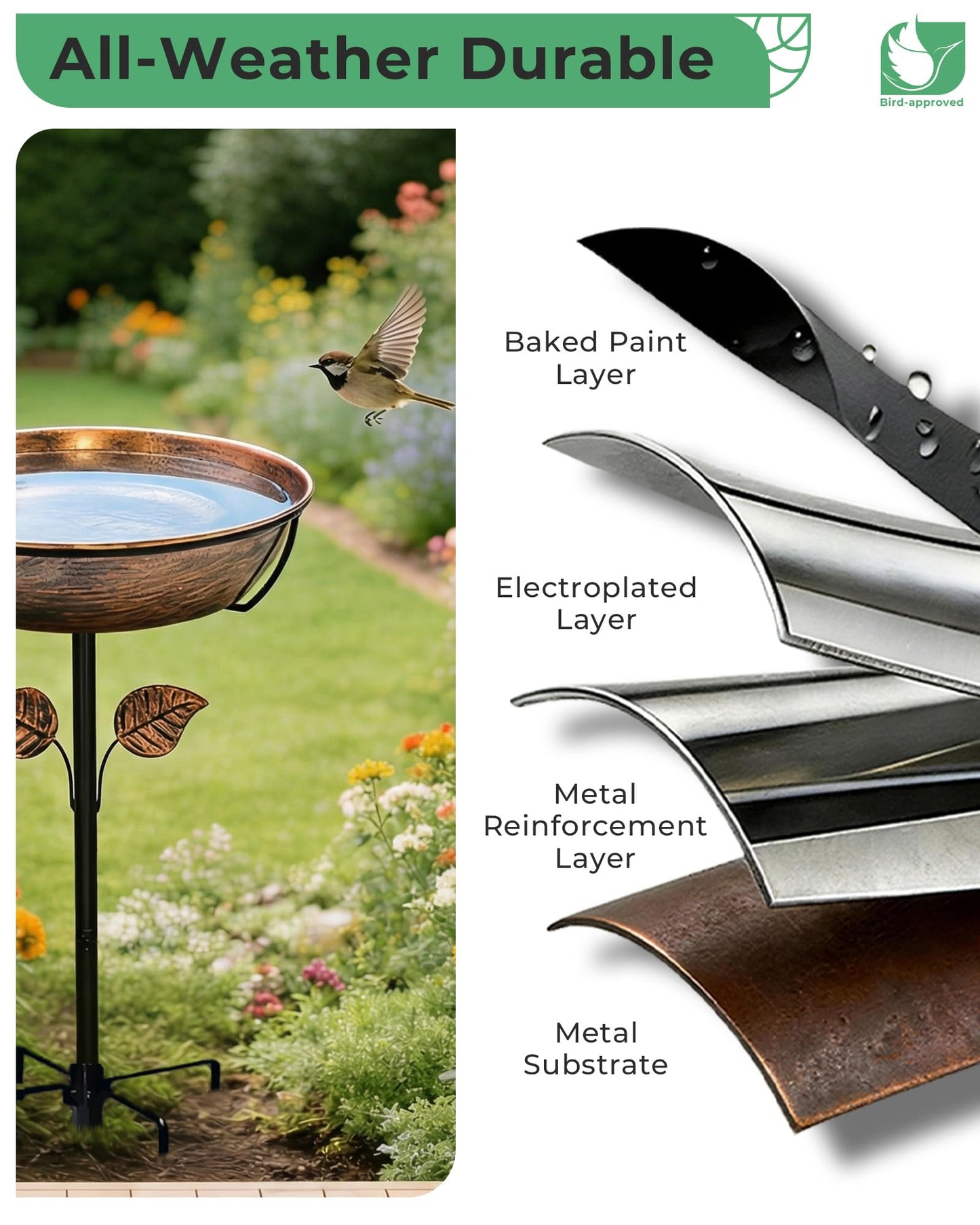 OUISJYER 3" Deep Metal Bird Bath for Outdoors, Removable 13" Dia Bowl with Stable Upgrades Stake, Easy to Clean Birdbaths for Garden Yard Lawn Decor 1.4 Gallon
