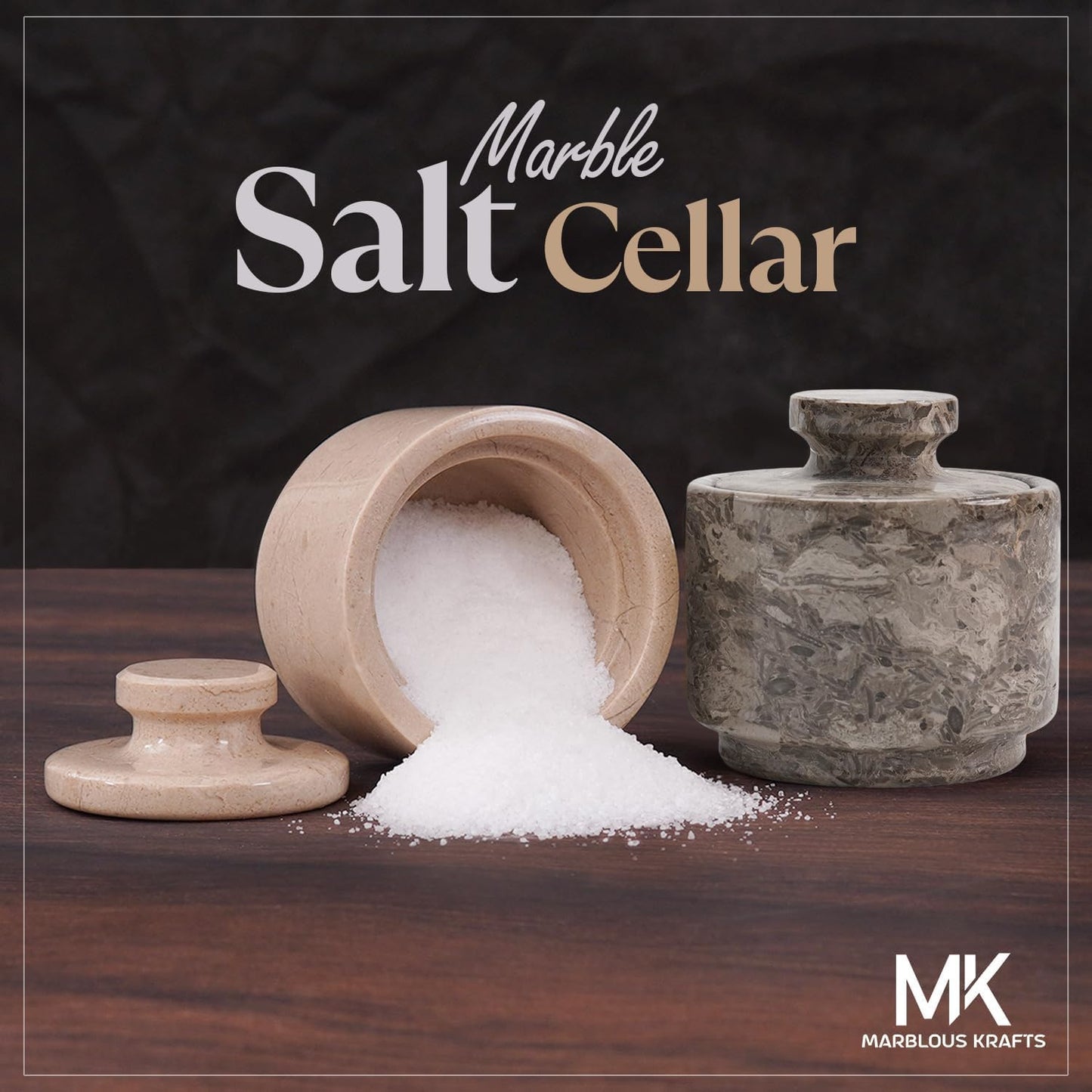 MARBLOUS KRAFTS Marble Salt Cellar 3" Inch Oceanic and Verona Celtic Salt and Spice Holders, DiningTable Decor for Kitchen & Home, Sea Salt Holder with Lid Storage Container