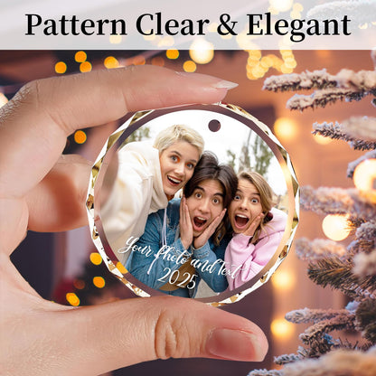 Personalized Christmas Ornaments 2025 with Photo & Text - Customized Crystal Glass Christmas Tree Decor Gifts for Family, Couples, Pets, Baby’s First Xmas – 6 Heart/Round Designs
