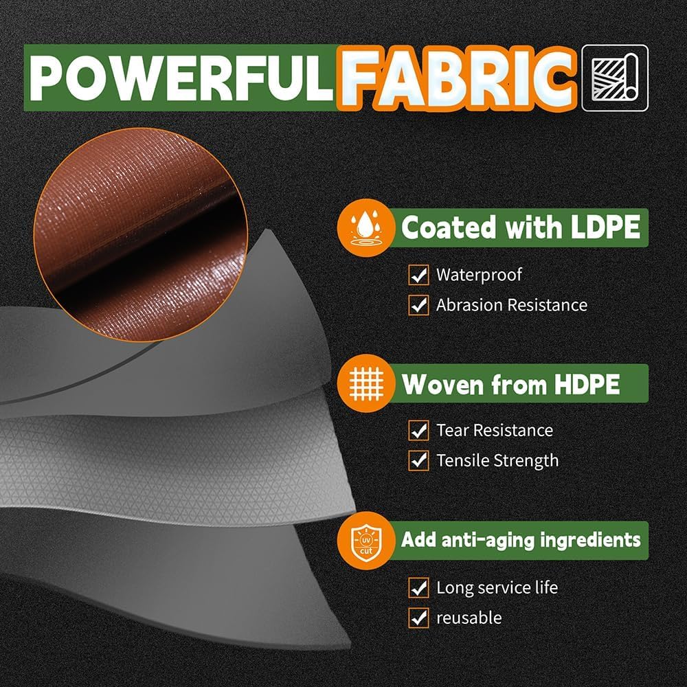 RAINDEWAY 15x30 Feet Super Heavy Duty 18 Mil Brown Poly Tarp Cover, UV Resistant, Weatherproof, Multipurpose Waterproof Poly Tarp with Grommets and Reinforced Edges