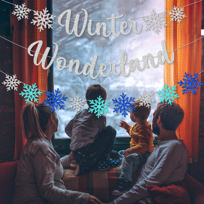 3Pcs Winter Wonderland Banners, Glittery Snowflake Banner Christmas Decorations Banners Winter Holiday Garland Photo Props Banner for Party Home Decor (Silver Blue)