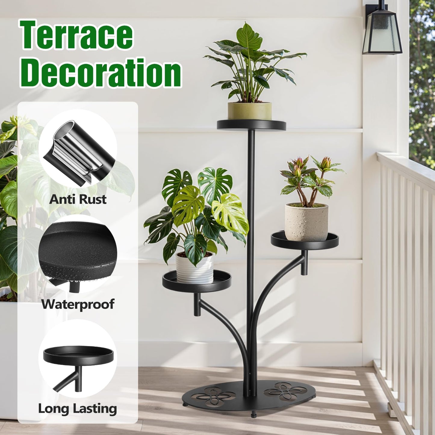 XZHXZH,Indoor 3 Tier Black Plant Stand, Tall Metal Plant Stand, Heavy-duty Base in the Shape of a Four-leaf Clover, Layered Modern Flower Pot Rack, Suitable for Courtyards, Patios, Living Rooms, Bedrooms