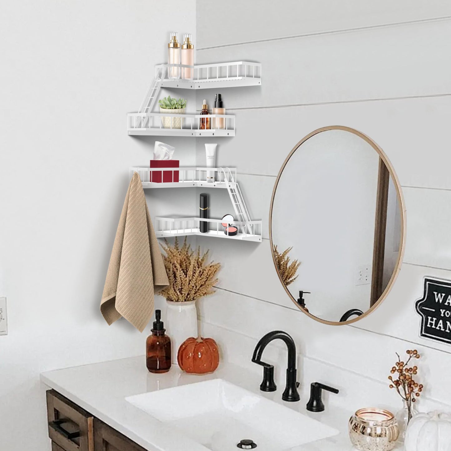 BRLBZXJY Fire Escape Wall Shelf, Modern City Style Corner Wall Shelves, Trinket Figurine Display Knick Knack Shelf Easy to Install, for Bathroom, Living Room & Home Decor, White 4-Tier