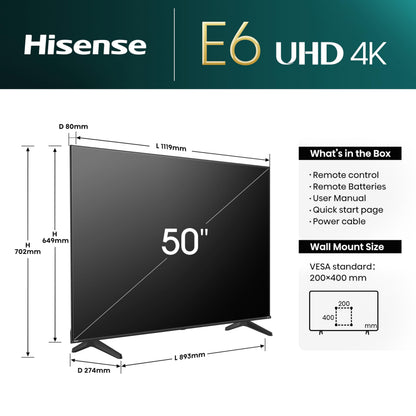 Hisense 50 Inch 4K Smart TV 50E6NTUK - Dolby Vision, Game Mode PLUS with 60Hz VRR ALLM, Smooth Motion, AI Sports Mode, Vidaa OS with Freely, Youtube, Netflix and Disney+ & Now TV (2024 Model)