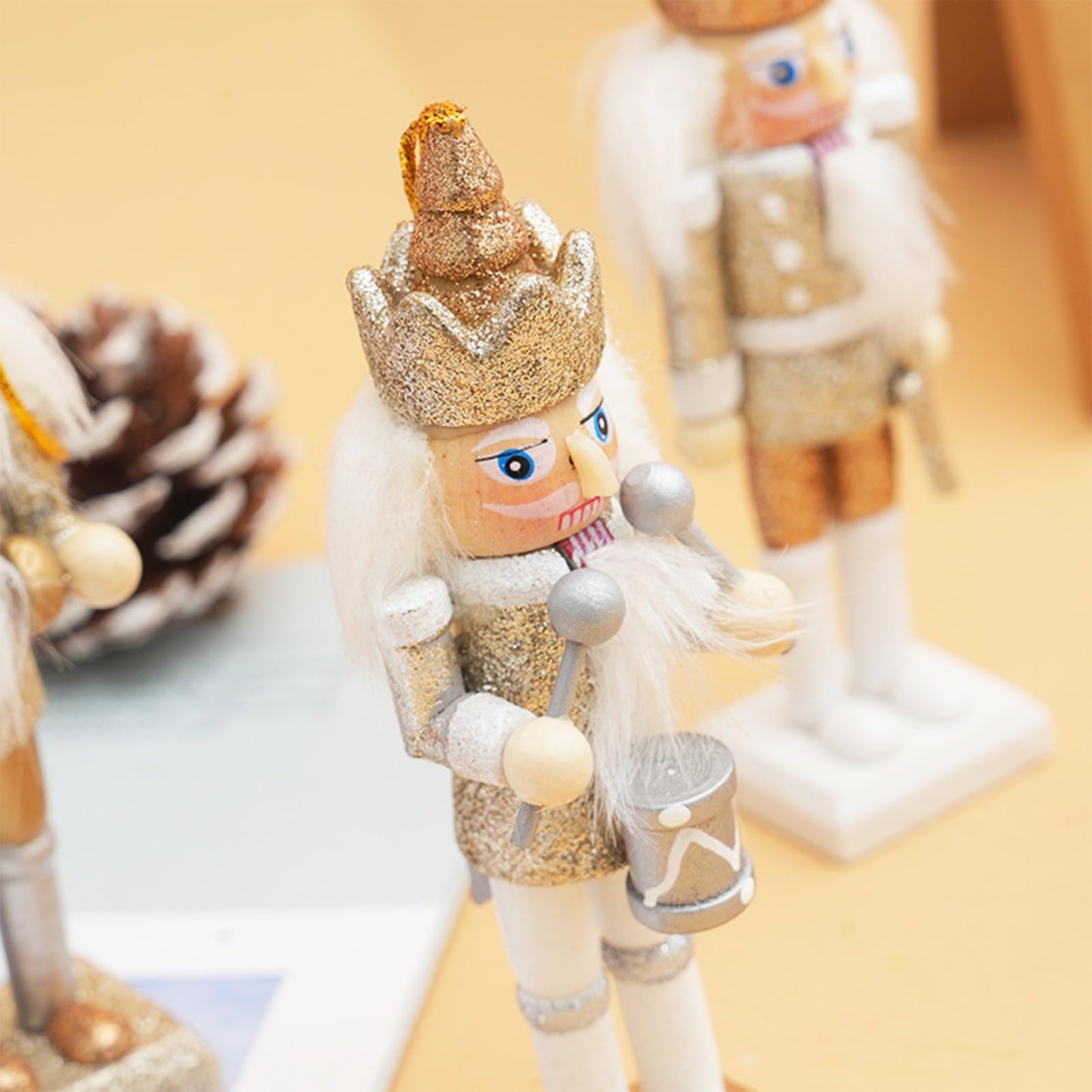 Christmas Nutcracker Ornaments Set, Wooden Christmas Nutcracker Soldier Figures Decorative Collectible Nutcracker 5 Inch Mini Nutcracker Figurines Christmas Tree Hanging Decorations, 5pcs Bling Gold