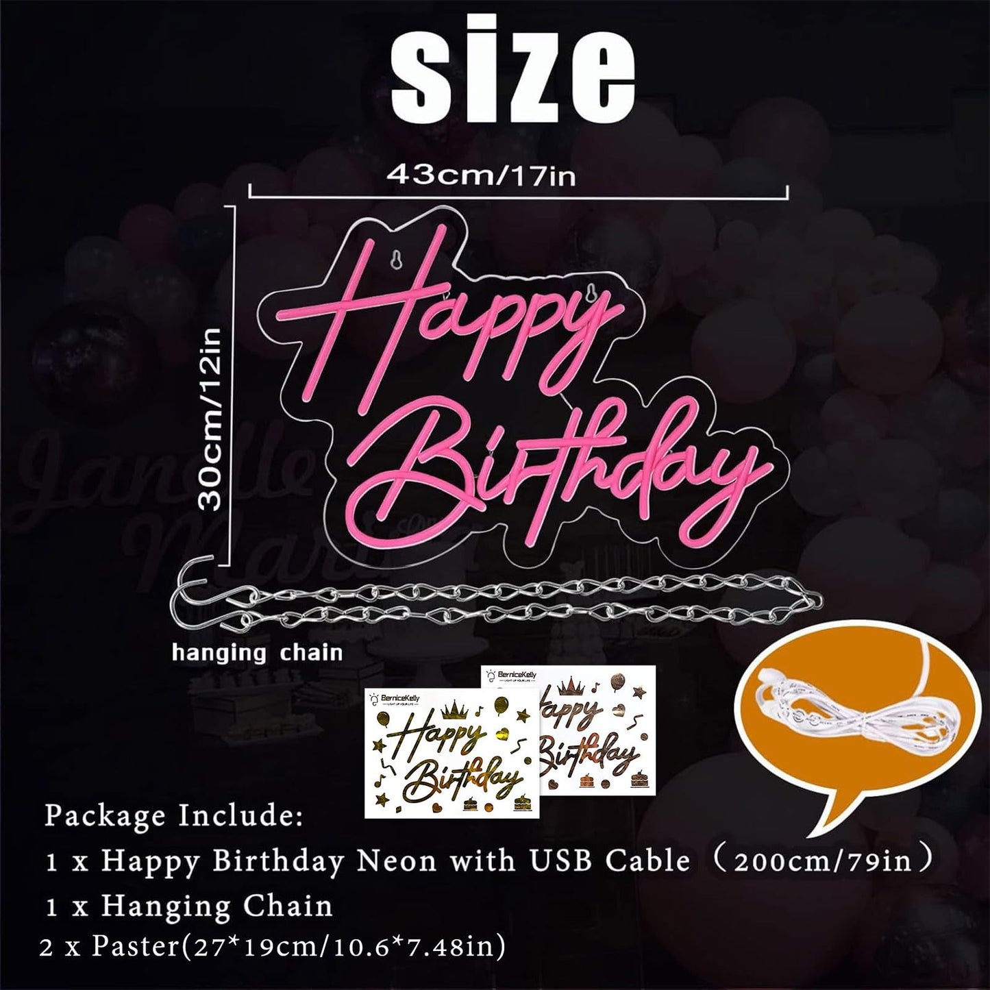 Happy Birthday Neon Sign for Wall Decor, Warm White LED Neon Light Signs, Art Decoration Happy Birthday Neon Light Sign for All Birthday Party Decoration with 2 Pcs Pasters (17×12 Inch)