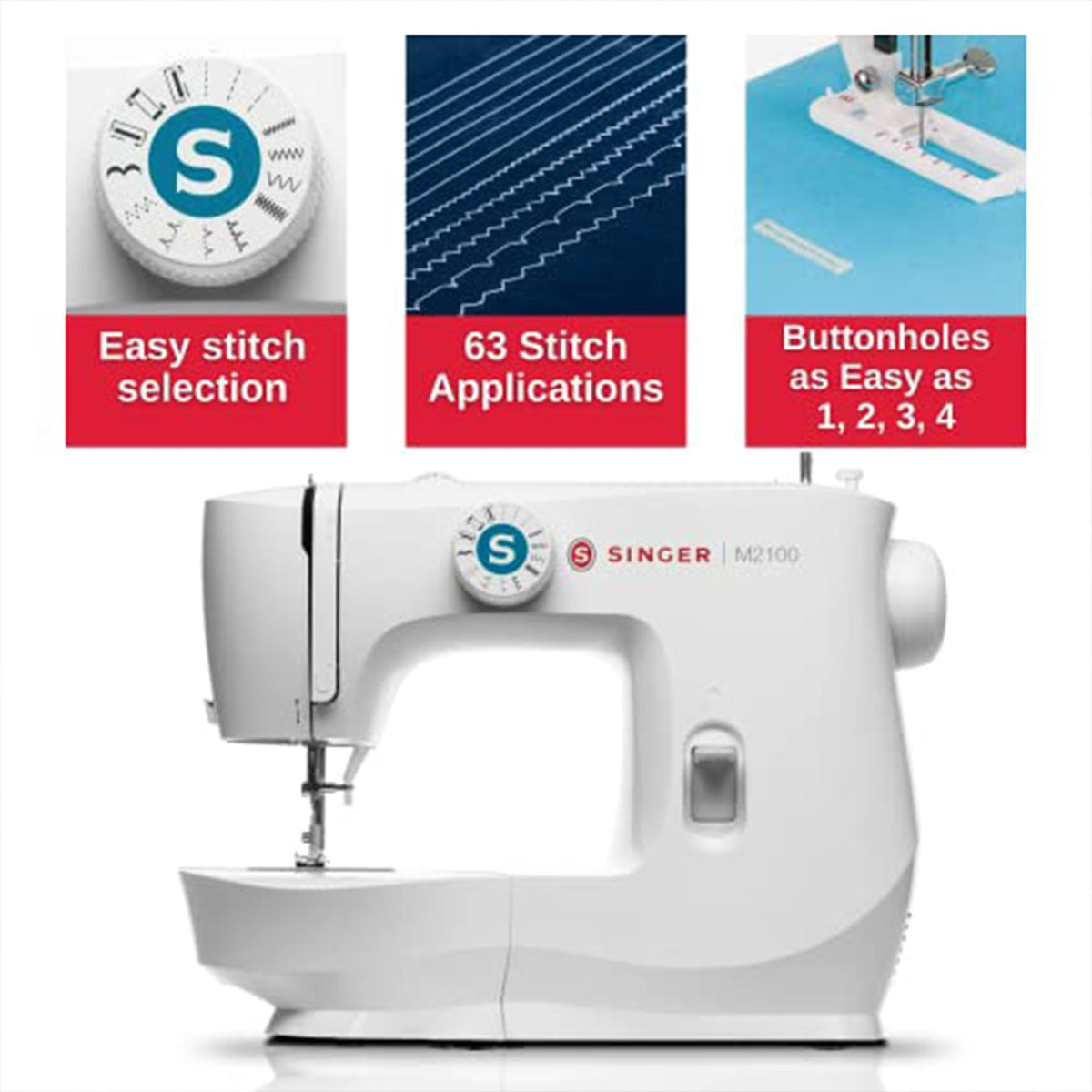 SINGER M2100 Lightweight & Compact Sewing Machine With 63 Stitch Applications, LED Light & Easy 4-step Buttonhole | Ideal for Mending and Sewing