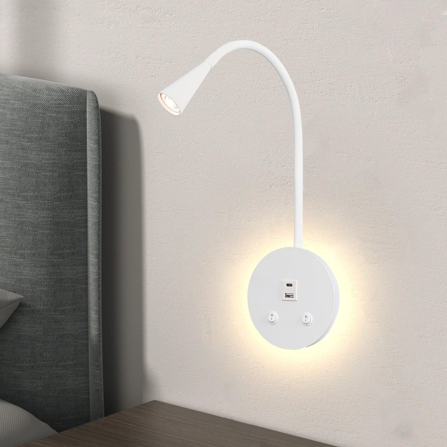 MOLUOLA LIGHTING Dimmable LED Wall Reading Lamp - Adjustable Gooseneck Book Light for Bed, USB + Type C Output, 2-in-1 Night Light & Spotlight, Compact Focused Lamp (White)