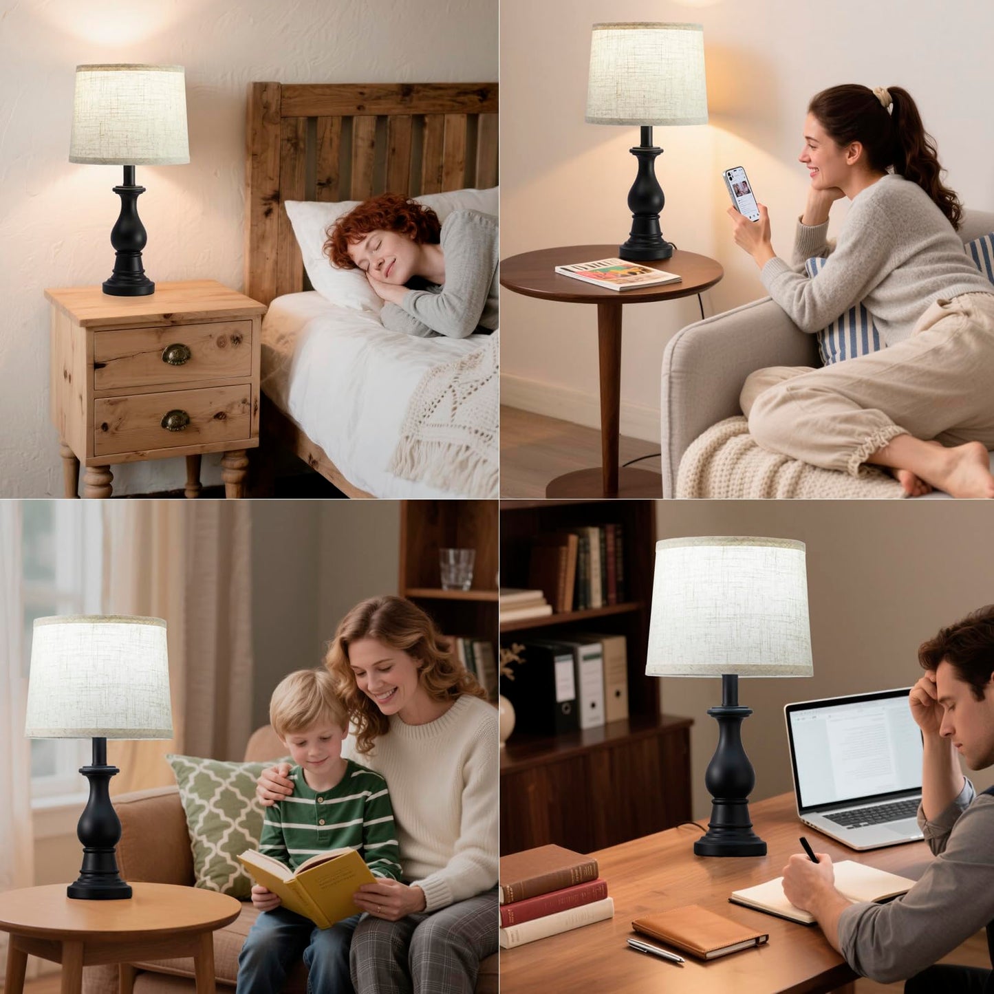 Hikczc Vintage Table Lamp for Living Room Bedroom, 18.5" Farmhouse Bedside Lamps Nightstand Lamp Set of 2, Table Lamps with Oatmeal Linen Lamp Shades, 2 LED Bulbs Included, Black