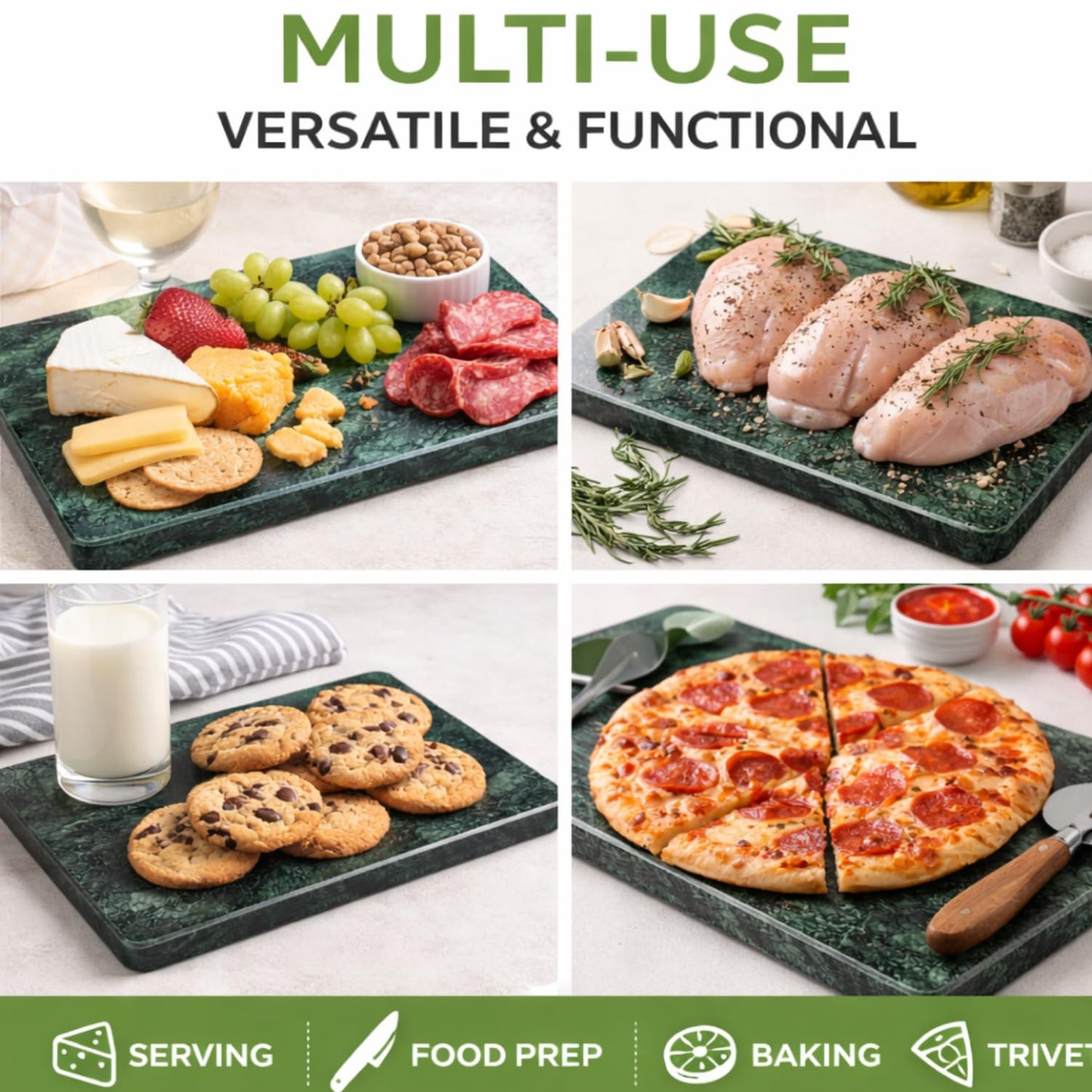 KC KULLICRAFT Home Basics Multi-Purpose Pastry Marble Tray Cutting Board Slab With Non-Slip Feet For Stability & Scratch Protection For Countertop. Easy To Clean,Trivet, Green (8Inches x 12Inches)