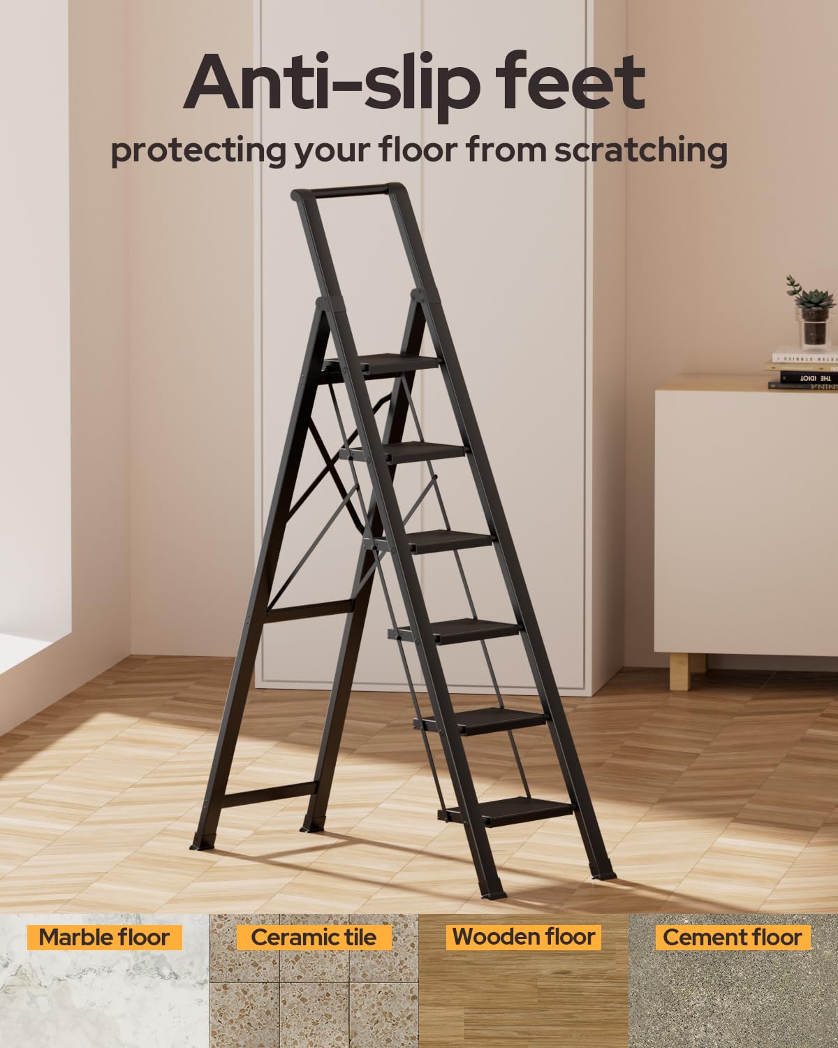 GameGem 6 Step Ladder for 12 Feet High Ceiling, Lightweight Aluminum Folding Step Stool with Convenient Handgrip, Stepladders with Anti-Slip and Wide Pedal for Home Use Space Saving - Black