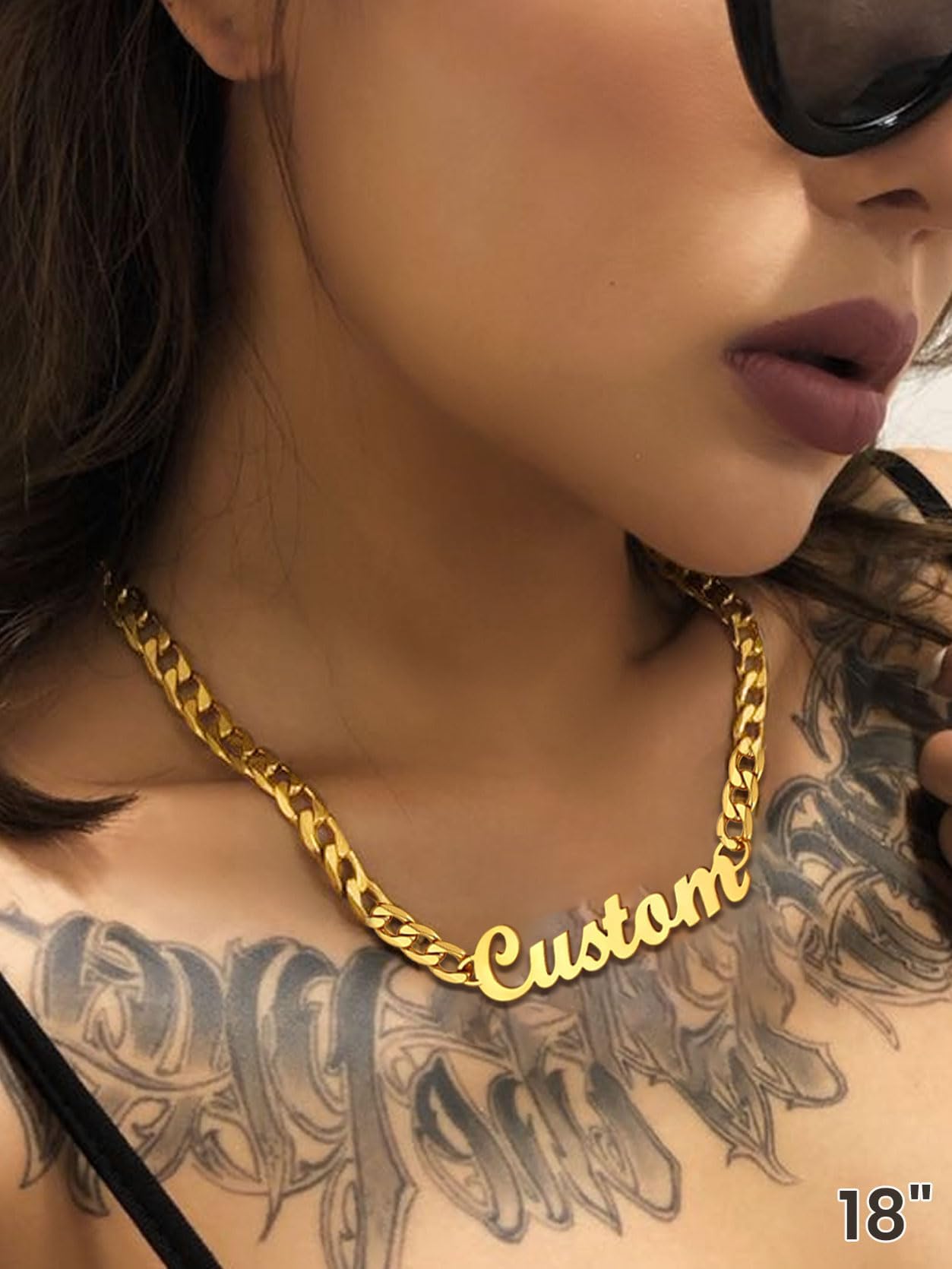GoldChic Custom Name Necklace for Men, Gold Nameplated Personalized Initial Name Choker Necklace with Curb Chain Personalized Jewelry Gift for Women
