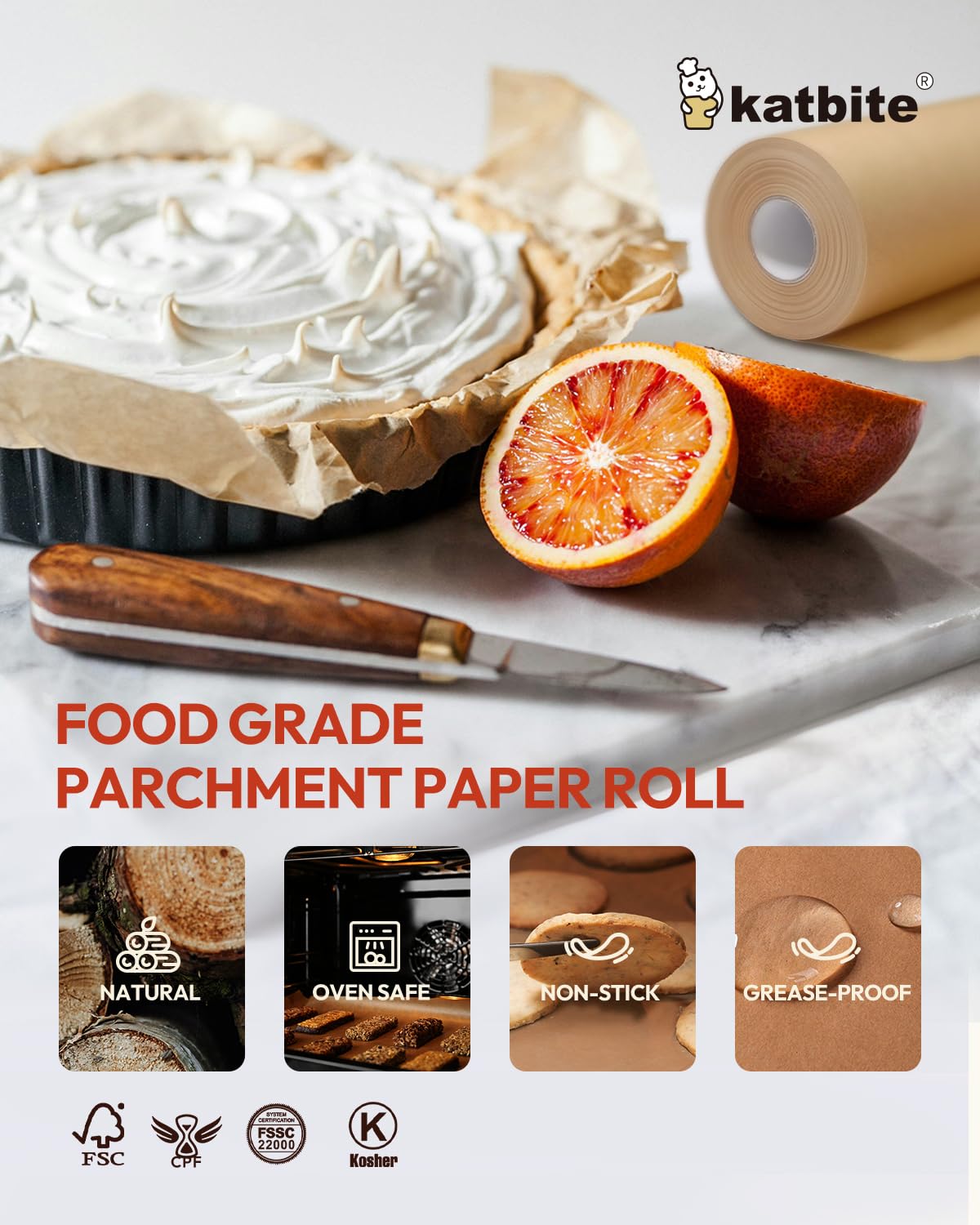 Katbite Parchment Paper Heavy Duty Unbleached Baking Parchment Roll, 38CM x 74M, Non Stick Baking Paper Roll for Baking, Cooking, Freezing, for Oven, Kitchen, Air Fryer, Freezer, Pastry