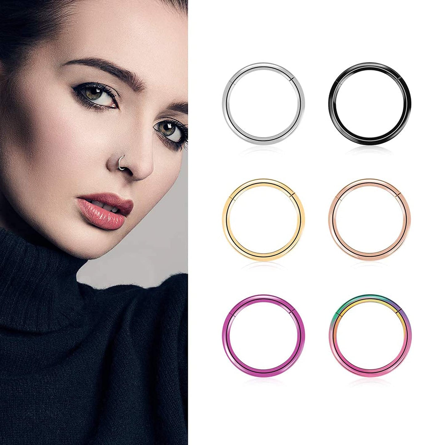 arvinpiercing Piercing Jewelry 6pcs G23 Titanium Hinged Nose Rings, 14G 10mm Hoop Cartilage Earrings for Nose, Septum, Tragus, Rook, Helix, Conch, Lip, Belly Ring and Nipple Piercing