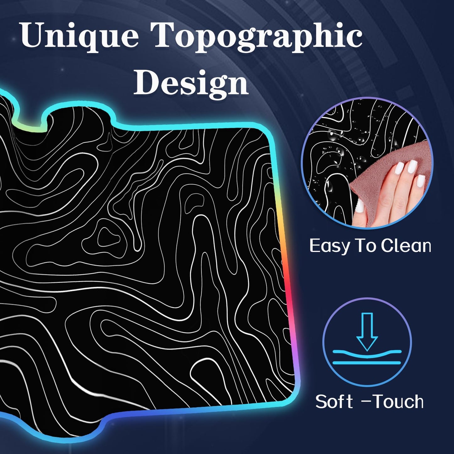 UJoowalk RGB Gaming Mouse Pad, Topographic Large, LED XL Keyboard and Mouse Pad, Desk Mat, 31.5 x 11.8 in, Black Minimalist Line Desk Pad