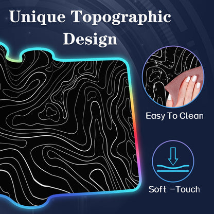 UJoowalk RGB Gaming Mouse Pad, Topographic Large, LED XL Keyboard and Mouse Pad, Desk Mat, 31.5 x 11.8 in, Black Minimalist Line Desk Pad