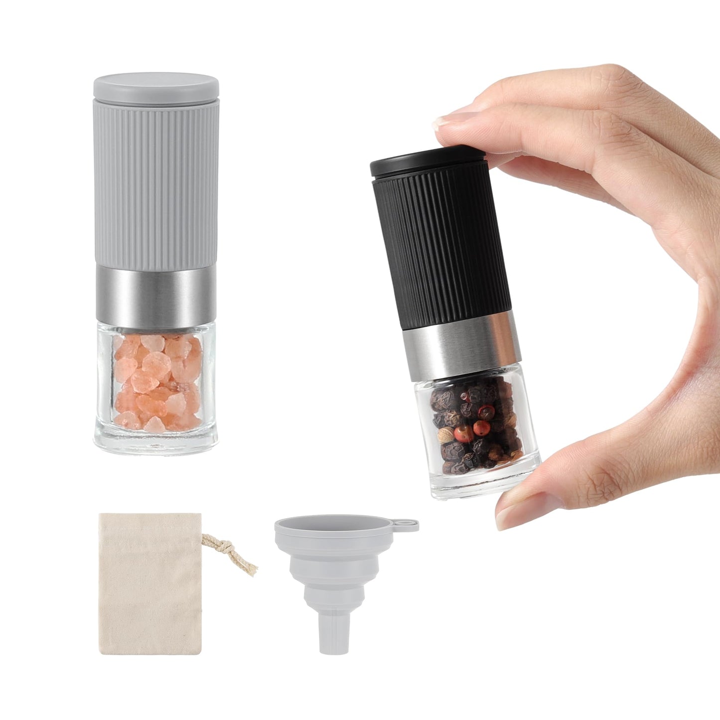 Mini Salt and Pepper Grinder Set, Small Tiny Adjustable Coarseness Ceramic Salt Grinder with Funnel and Bag Portable Handy Spice Pepper Mill Shaker For Outdoor Party Lunch Bag Kitchen