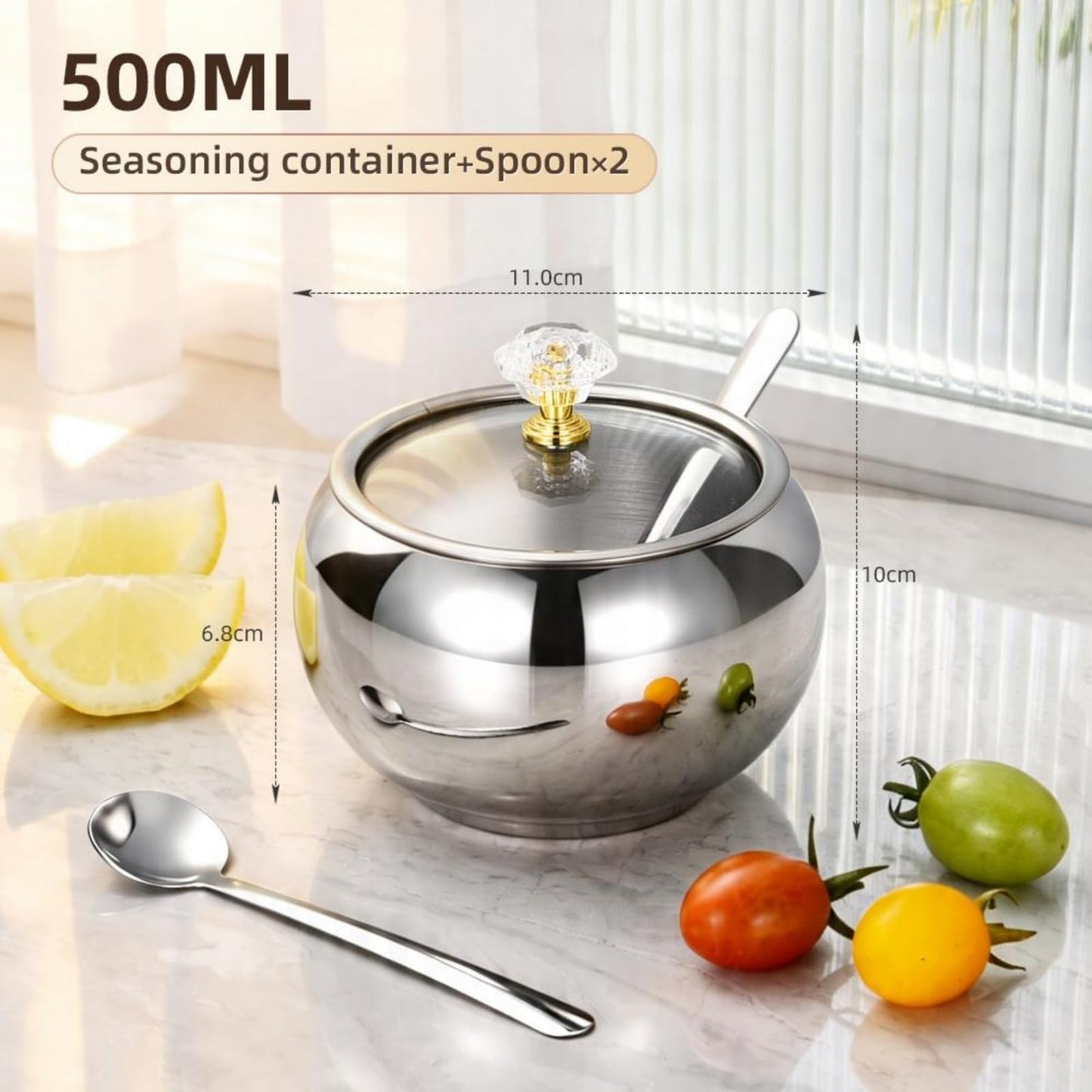 YMMDUVITA Stainless Steel Sugar Bowl with Lid & 2 Spoons, 500ml Container for Kitchen, Ideal for Storing Sugar, Coffee, and Spices