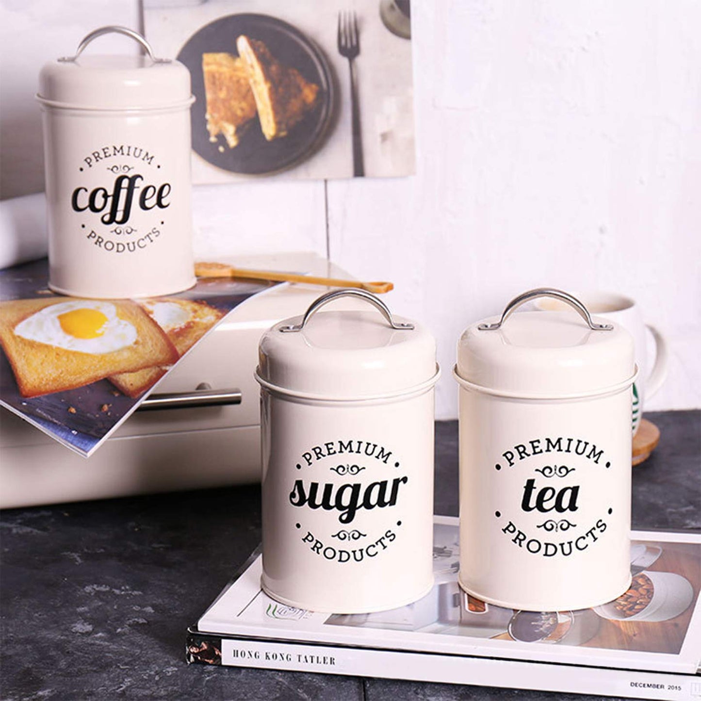 Hedume Set of 3 Airtight Kitchen Canister Decorations with Lids, Coffee, Tea, Sugar Metal Containers, Decorative Nesting Kitchen Canister Jars, Food Storage