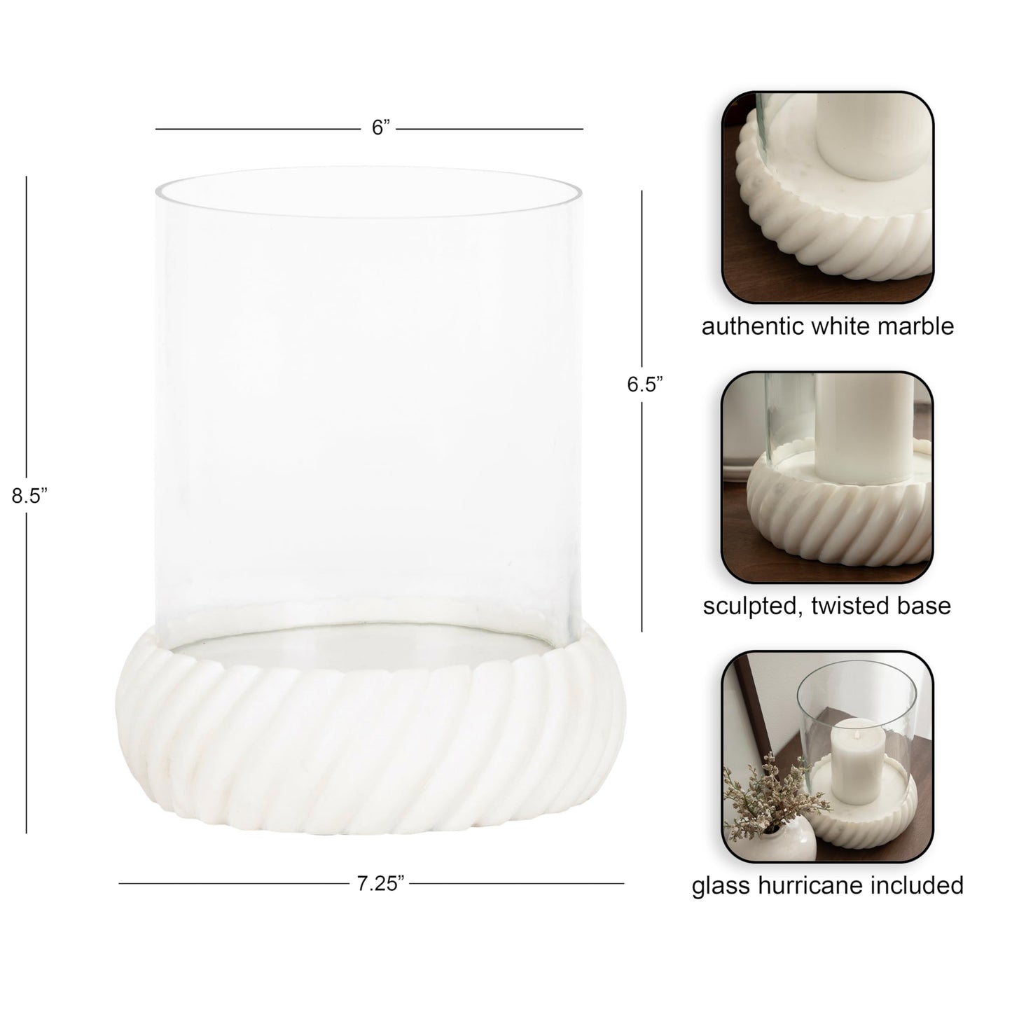 Kate and Laurel Trenza Modern Marble Candle Holder with Glass Cylinder, 8 x 8 x 9, White Marble, Transitional Twisted Base Pillar Candle Holder with Hurricane for Entryway or Living Room Decor