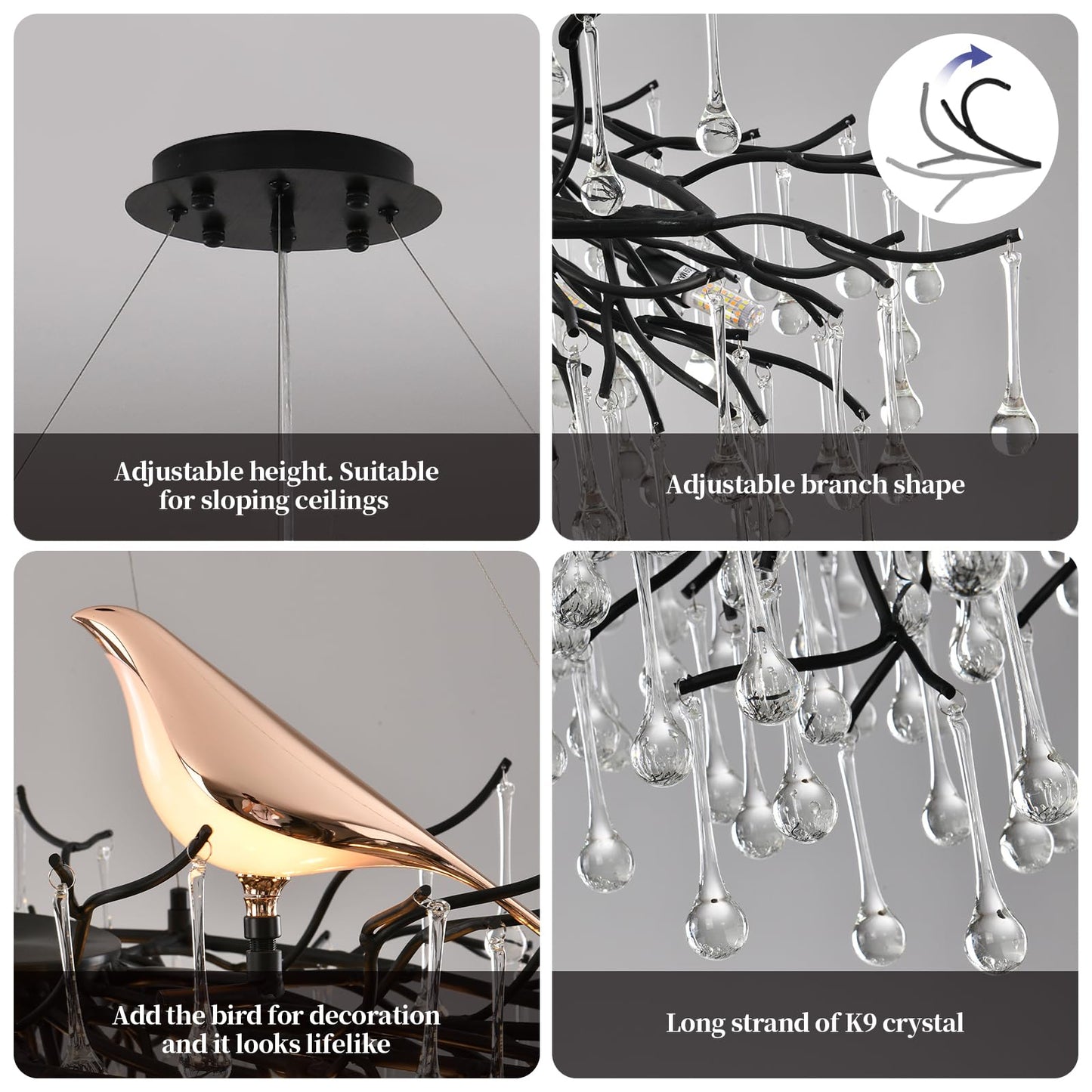 Modern Crystal Chandelier, Tree Branch Style - L60" Black Linear Raindrop Pendant Light - 16 Lights for Dining, Living Room, Entryway, Foyer, Stairway, Bedroom