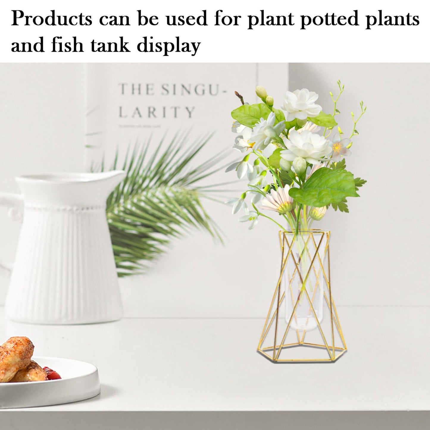 Hyuetrsa 12 Pcs Gold Geometric Vase for Centerpieces, Glass Vase with Metal Flower Stand Hydroponic Plant Test Tube Modern Vases for Wedding Home Decor（6.3 Inch）