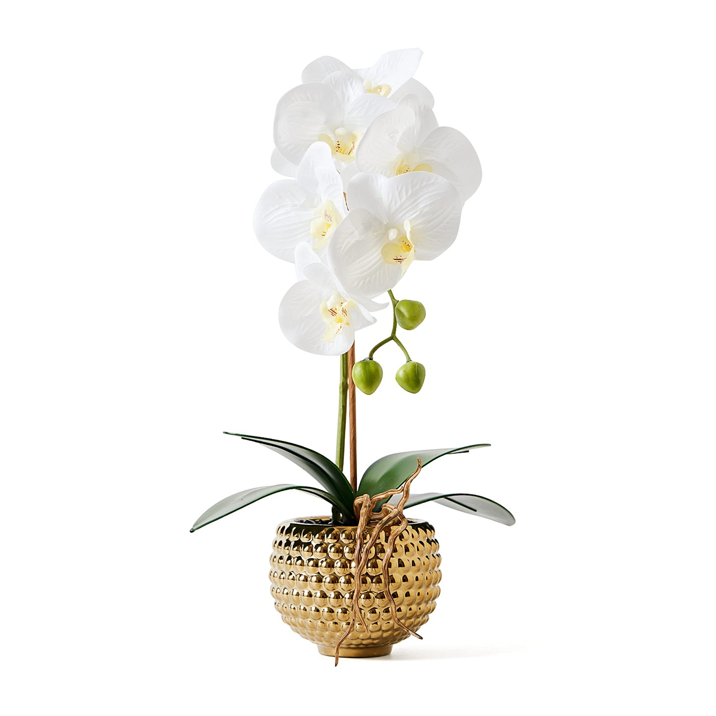 Hisow Orchids Artificial Flowers, 15" Faux Orchid in Gold Flower Pot Real Touch Flowers in Pot Large Flower Arrangements Artificial Centerpiece for Home Living Room Bathroom Kitchen Decoration (White)