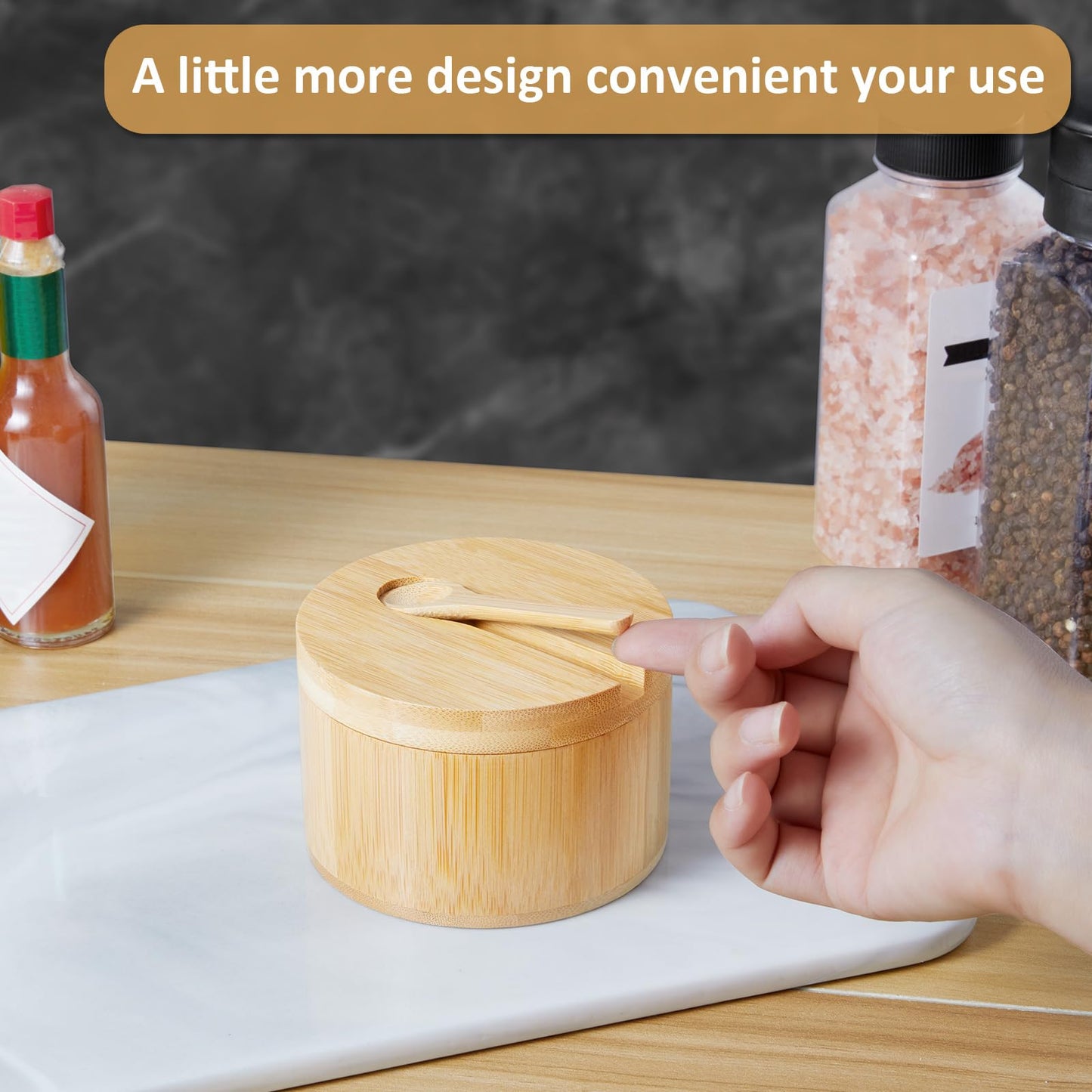 OUTNILI Salt Box Bowl with Lid and Spoon - Bamboo Salt Cellar with 360° Swivel Lid - Salt Container Holder for Sea Salt Herbs or Favorite Seasonings, 7 Ounce Capacity
