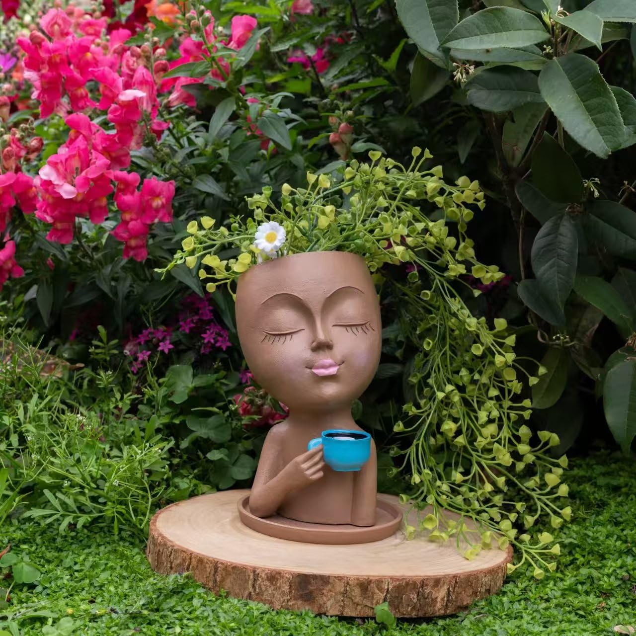 LaulaEnderay Lady Face Planters Flower Pot for Indoor Outdoor Plants, Funny Resin Succulent Planter with Drainage Hole, Cute Head Plant Pots for Home Decor Brown