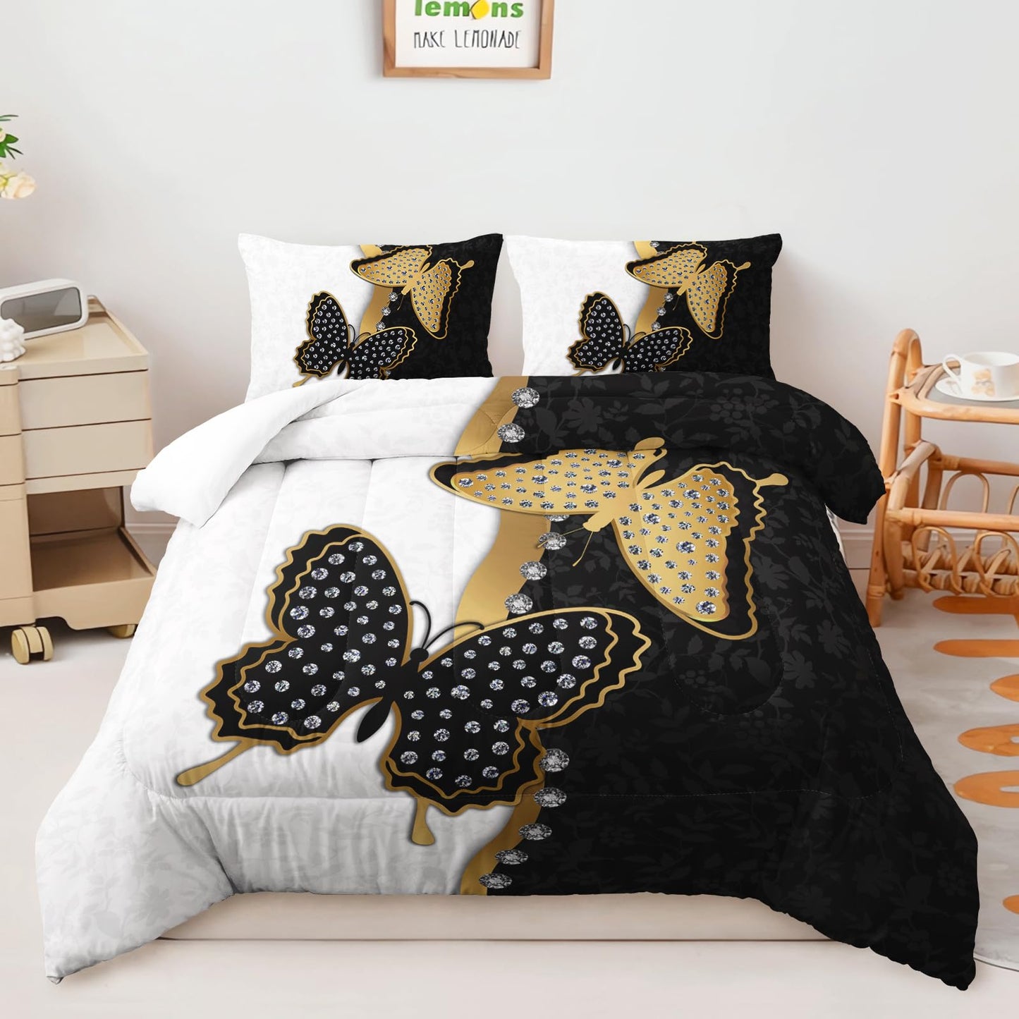 AILONEN Butterfly Comforter Set Full Size, Black Gold Butterfly Diamonds Pattern Bedding Set for Girls Adults,Luxury Black White Soft Lightweight Duvet Set 3 Pieces(1 Comforter + 2 Pillowcases)