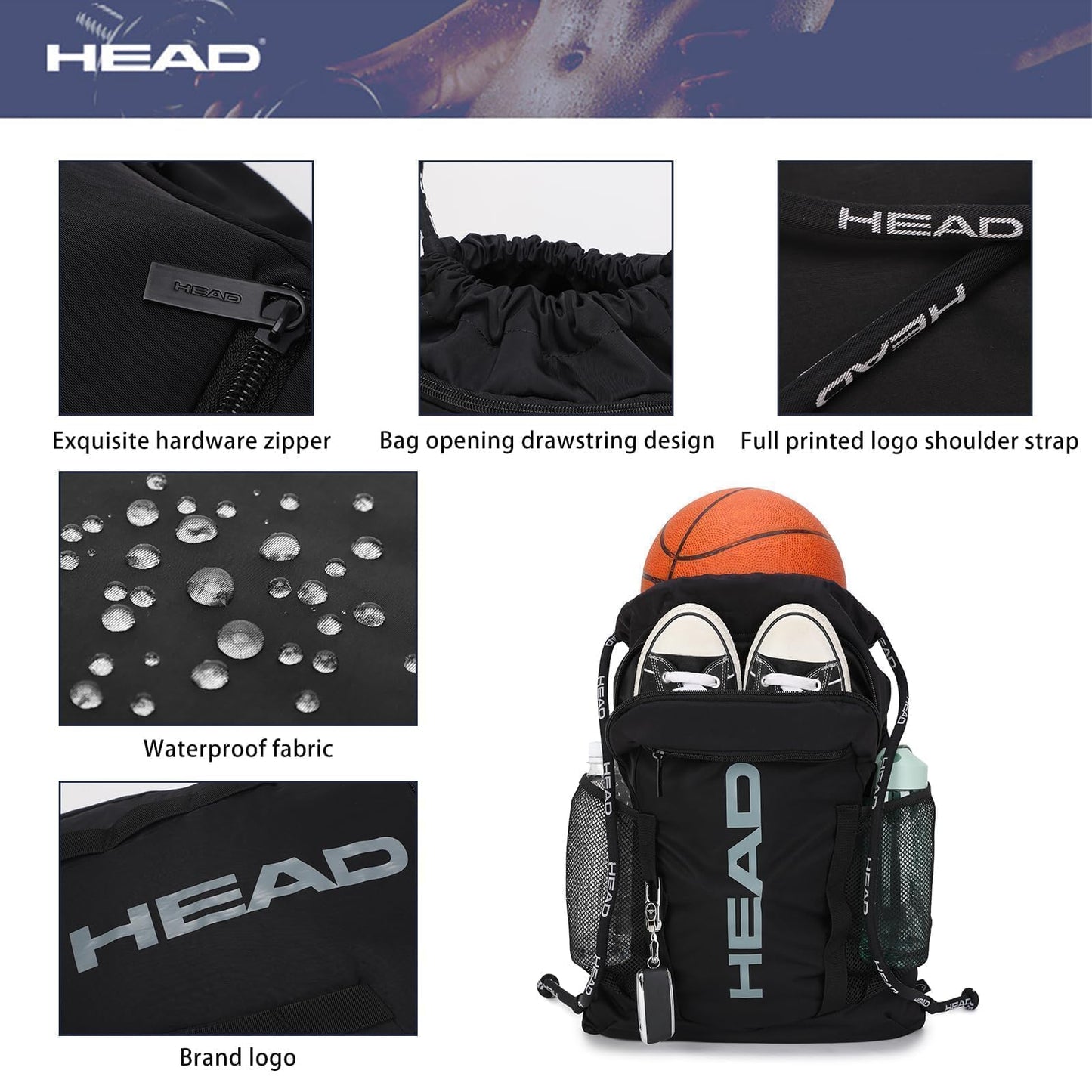 HEAD Men's Drawstring Backpack with Shoe & Phone Pocket,Structured Sports Gym Sack with Bottle Holders for Basketball, Workout, Tennis, Swimming, Travel,Training