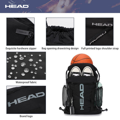 HEAD Men's Drawstring Backpack with Shoe & Phone Pocket,Structured Sports Gym Sack with Bottle Holders for Basketball, Workout, Tennis, Swimming, Travel,Training