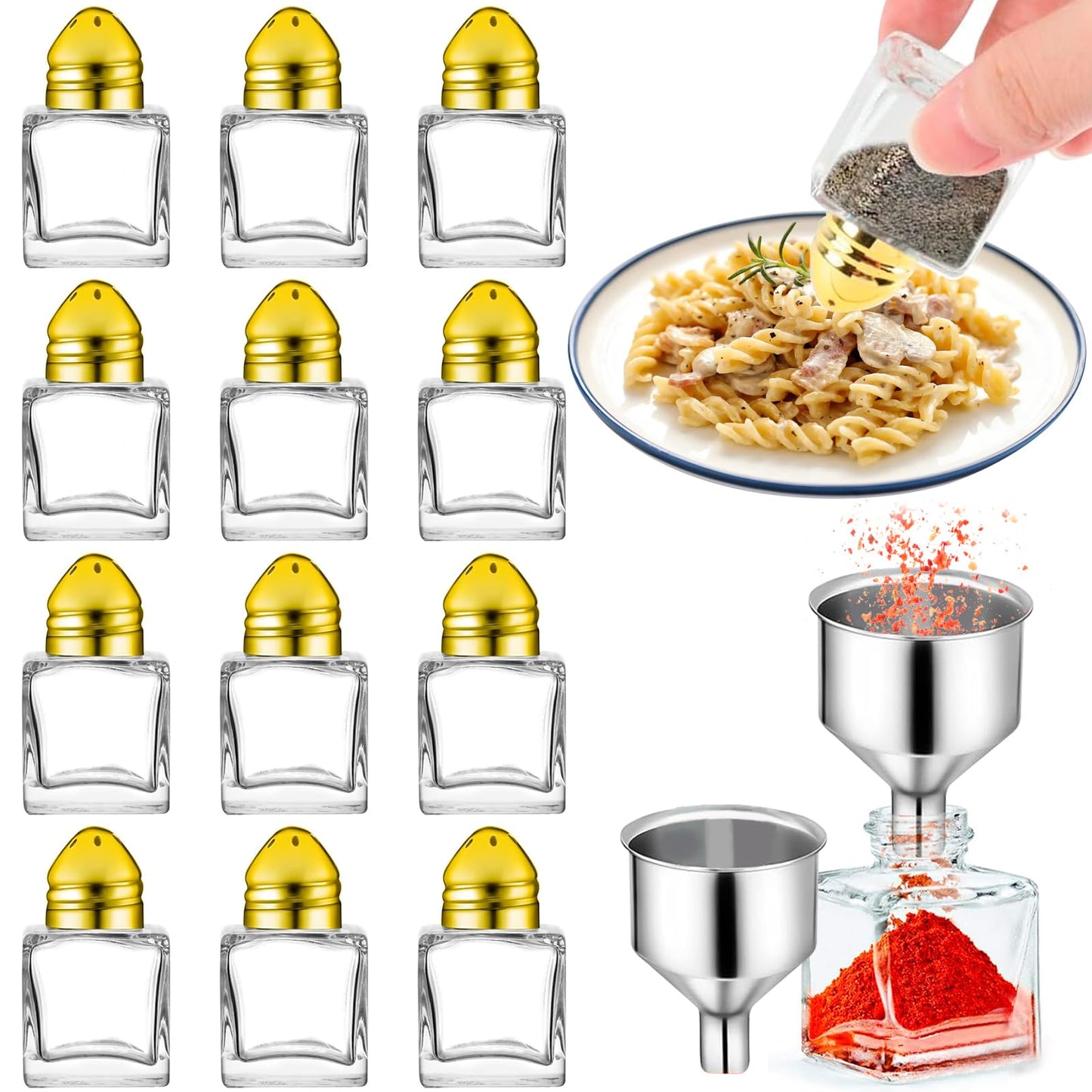Set of 12 Mini Salt and Pepper Shakers Mini Spice Shaker Small Salt and Pepper Shakers 0.5 oz Glass Cube with 2 Pcs Funnel for Wedding Party Restaurant Home Kitchen Birthday Thanksgiving