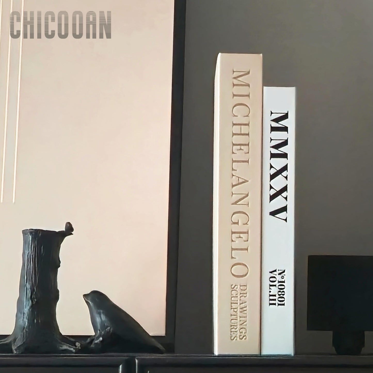Chicooan 4-in-1 Decorative Books Set, Coffee Table Books Decor, 2 Linen Fake Book Boxes with Wood Tray, Bead Garland for Decoration, Bookshelf Boho Neutral Aesthetic Decor