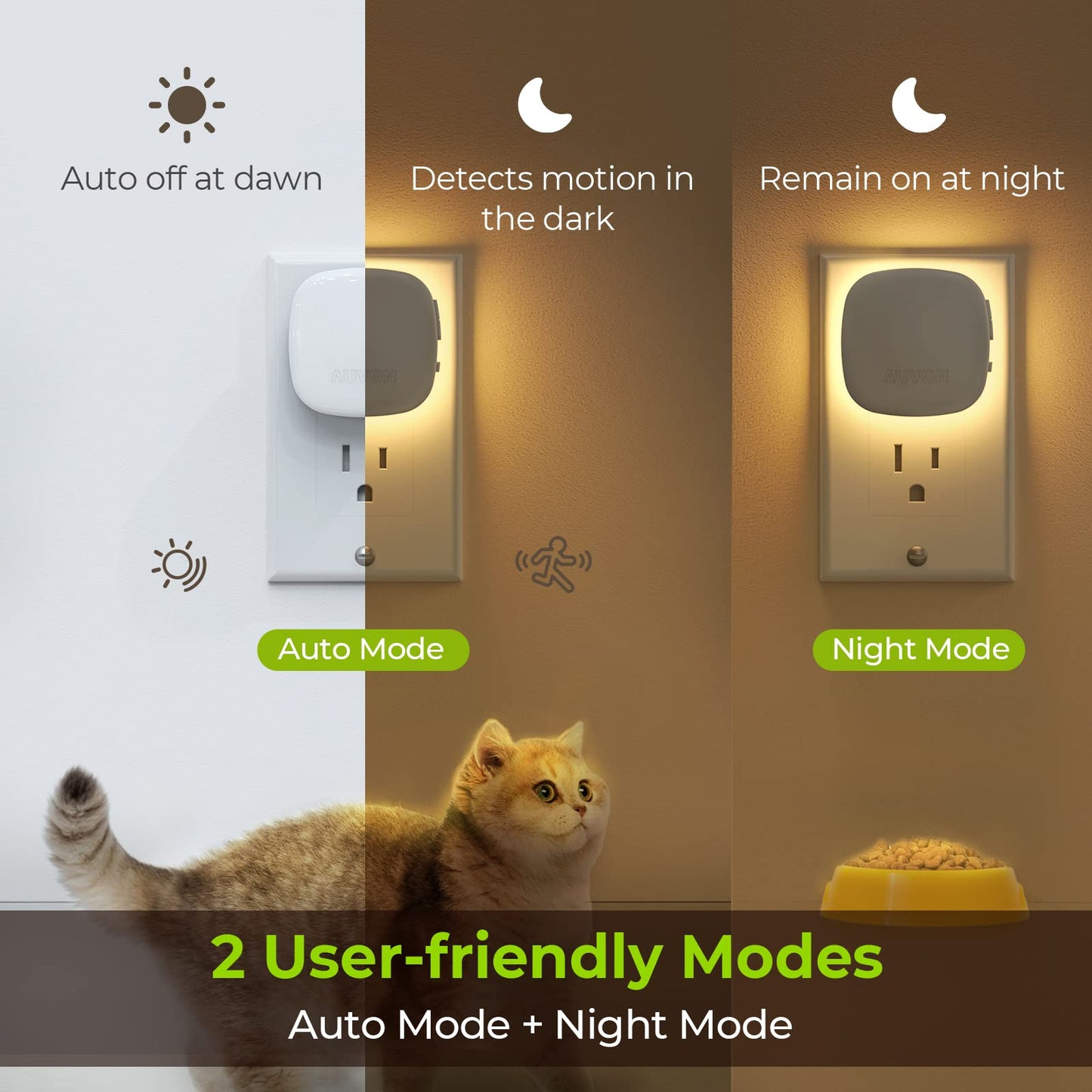 AUVON Plug-in LED Backlit Night Light with Motion Sensor & Dusk to Dawn Sensor, Dimmable Amber Nightlight with 1-50 lm Adjustable Brightness for Bedroom, Bathroom, Stairs, Hallway (4 Pack)