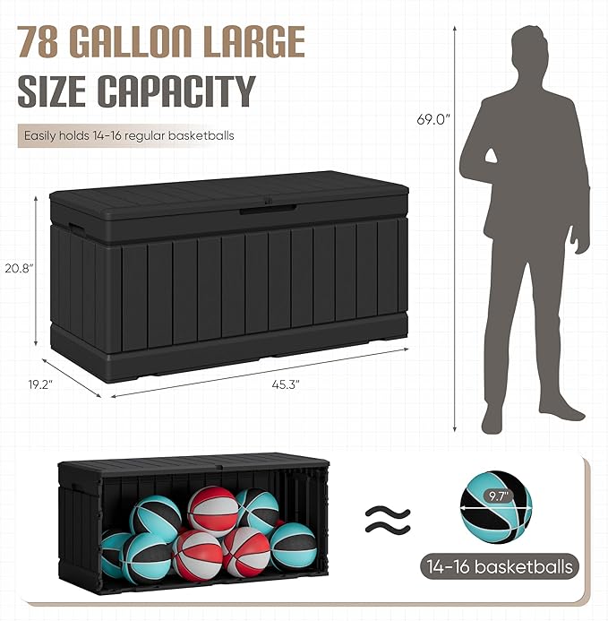 JUMMICO 78 Gallon Outdoor Deck Box Large Resin Storage Box for Patio Furniture Cushions and Garden Tools (Black)