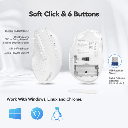 TECKNET Wireless Mouse, 2.4G Ergonomic Optical Mouse, Computer Mouse for Laptop, PC, Computer, Chromebook, Notebook, 6 Buttons, 24 Months Battery Life, 2600 DPI, 5 Adjustment Levels