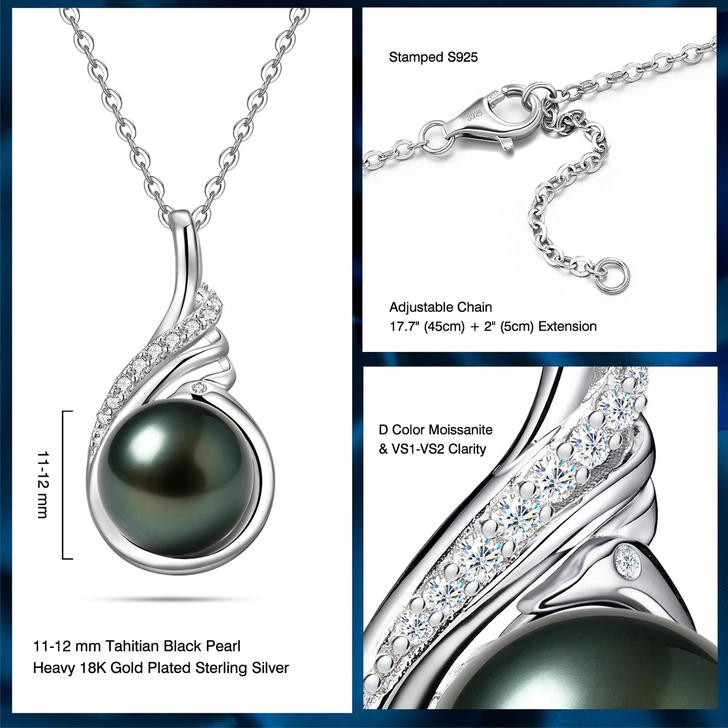 Genuine Tahitian Black Pearl Necklace 11-12mm - Christmas Gift for Wife Mom Daughter Women, Jewelry Gifts for Wedding Anniversary Birthday, Seawater Pearl with Sterling Silver Moissanite Pendant
