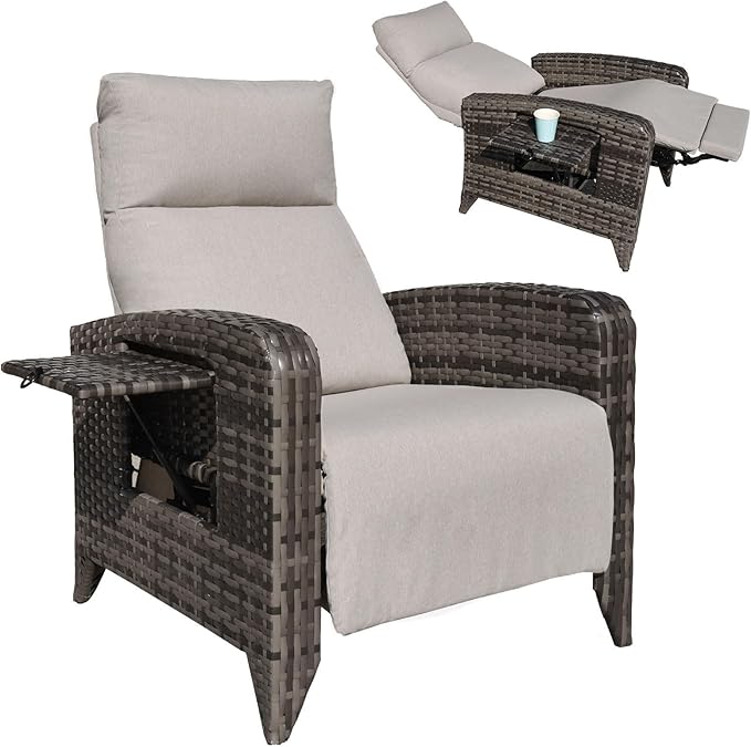 Outdoor Recliner Chairs Set of 2 Reclining Patio Chairs with Adjustable Back and Extended Footrest Wicker Rattan Recliner Chairs with Flip Table and Removable Cushion