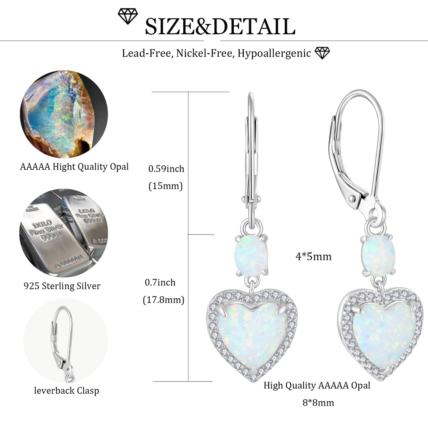 FYNSBLE White Opal Earrings for Women Sterling Silver Heart Opal Leverback Earrings Hypoallergenic Jewelry for Women