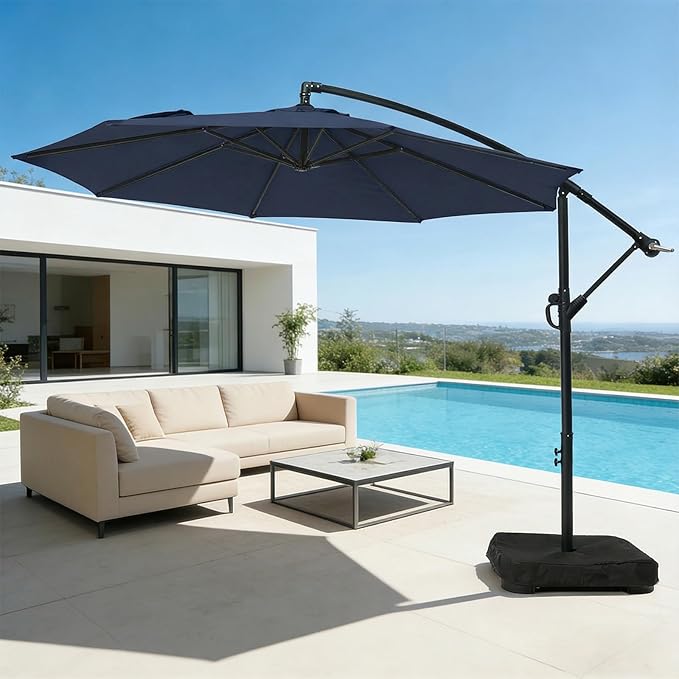 wikiwiki 10ft Patio Umbrella with Base Included, Outdoor Offset Cantilever Umbrella with Sandbag Base for Backyard, Garden and Pool, Easy to Tilt and Crank, Navy Blue