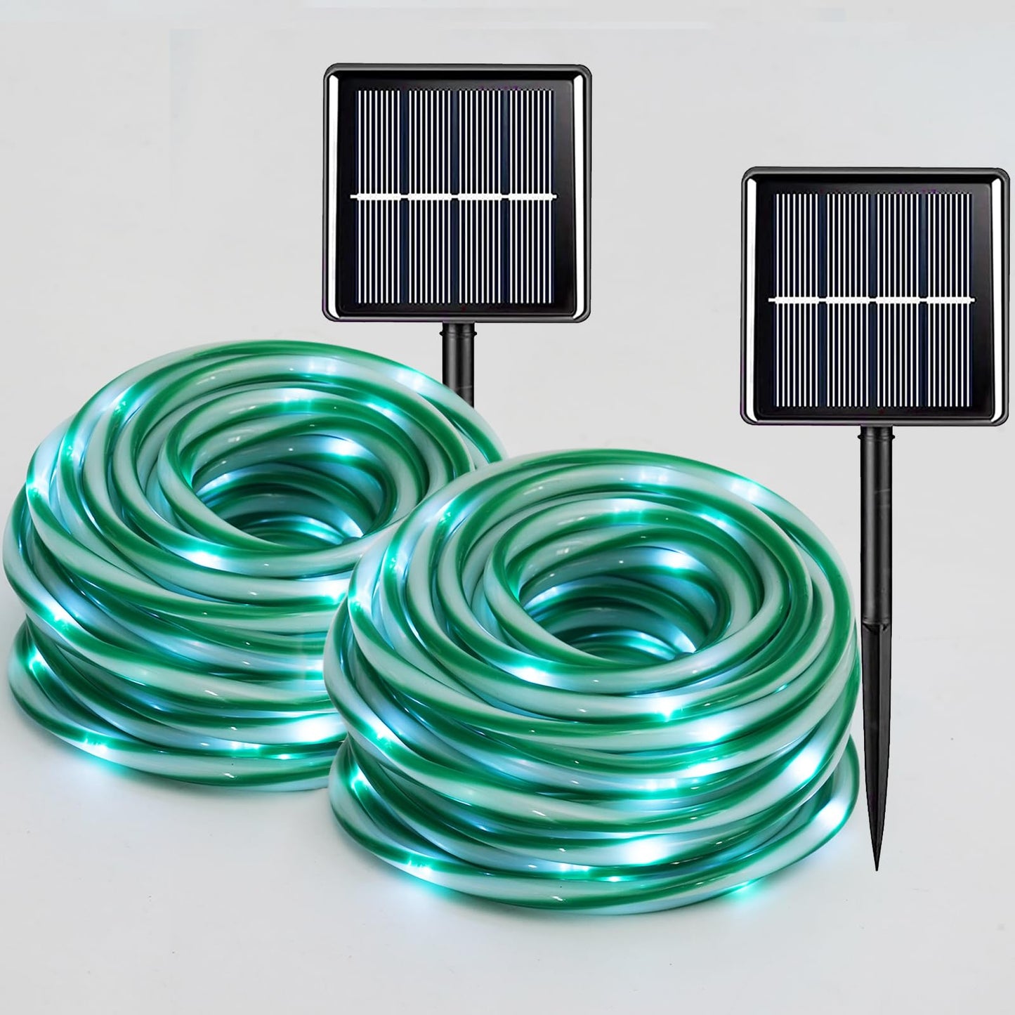 QITONG Solar Christmas Lights Outdoor, 2 Pack Each 33ft 100 LED Green and White Candy Cane Rope Lights, Fairy Lights in Clear Thin Tube with 8 Modes