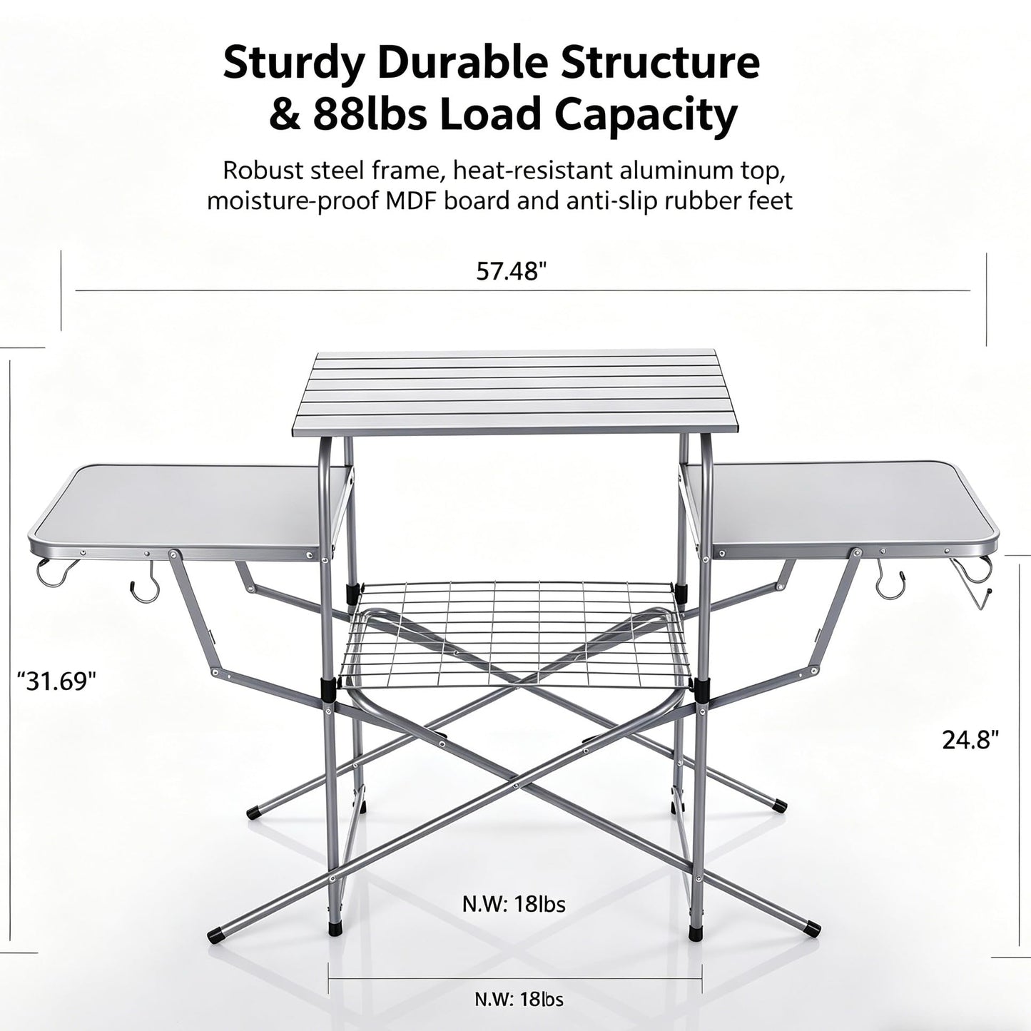 ASMOKE Foldable Grilling Table – Premium & Lightweight Aluminum Cooking Table for Camping, Outdoor BBQ Party and RV Touring - 88lbs Capacity, Comes with Carrying Bag