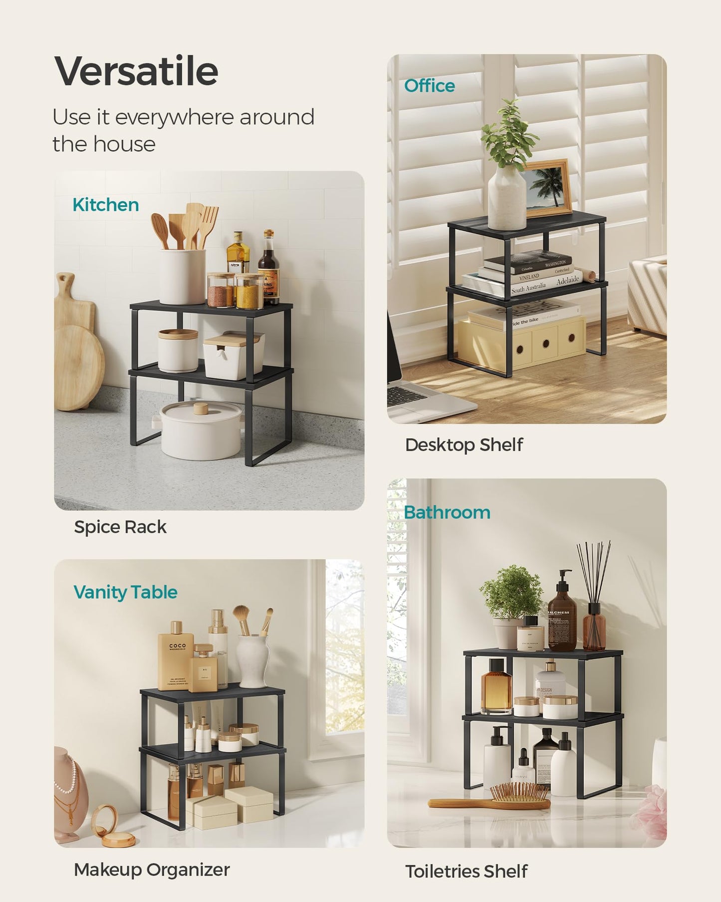 SONGMICS Cabinet Organizer Shelf, Set of 2 Kitchen Counter Shelves, Kitchen Storage, Spice Rack, Stackable, Expandable, Metal and Engineered Wood, Ink Black and Natural Beige UKCS02NB