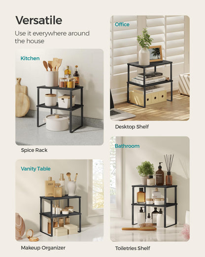 SONGMICS Cabinet Organizer Shelf, Set of 2 Kitchen Counter Shelves, Kitchen Storage, Spice Rack, Stackable, Expandable, Metal and Engineered Wood, Ink Black and Natural Beige UKCS02NB