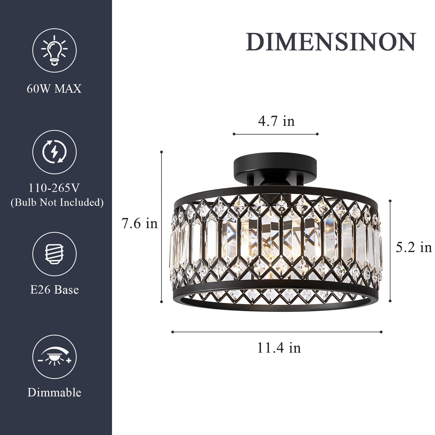 Pevfah Crystal Black Ceiling Light, Modern Semi Flush Mount Ceiling Lighting Fixture, Round Hallway Lighting Fixtures for Kitchen Entryway Bedroom Laundry Room, 1-Light, 11.4 Inch